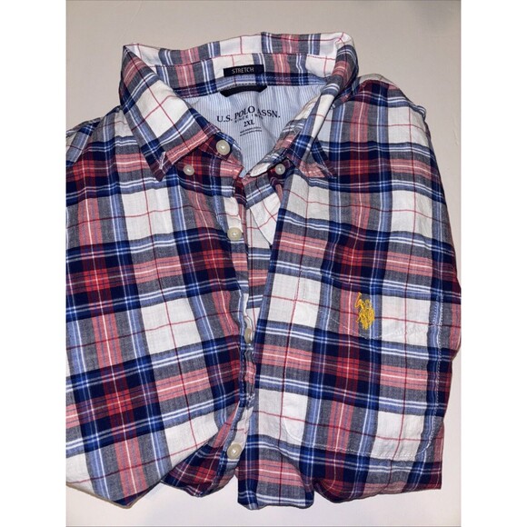 U.S. Polo Assn Button Up Men 2XL Red White Blue Plaid Cotton Blend Short Sleeve - Picture 1 of 7
